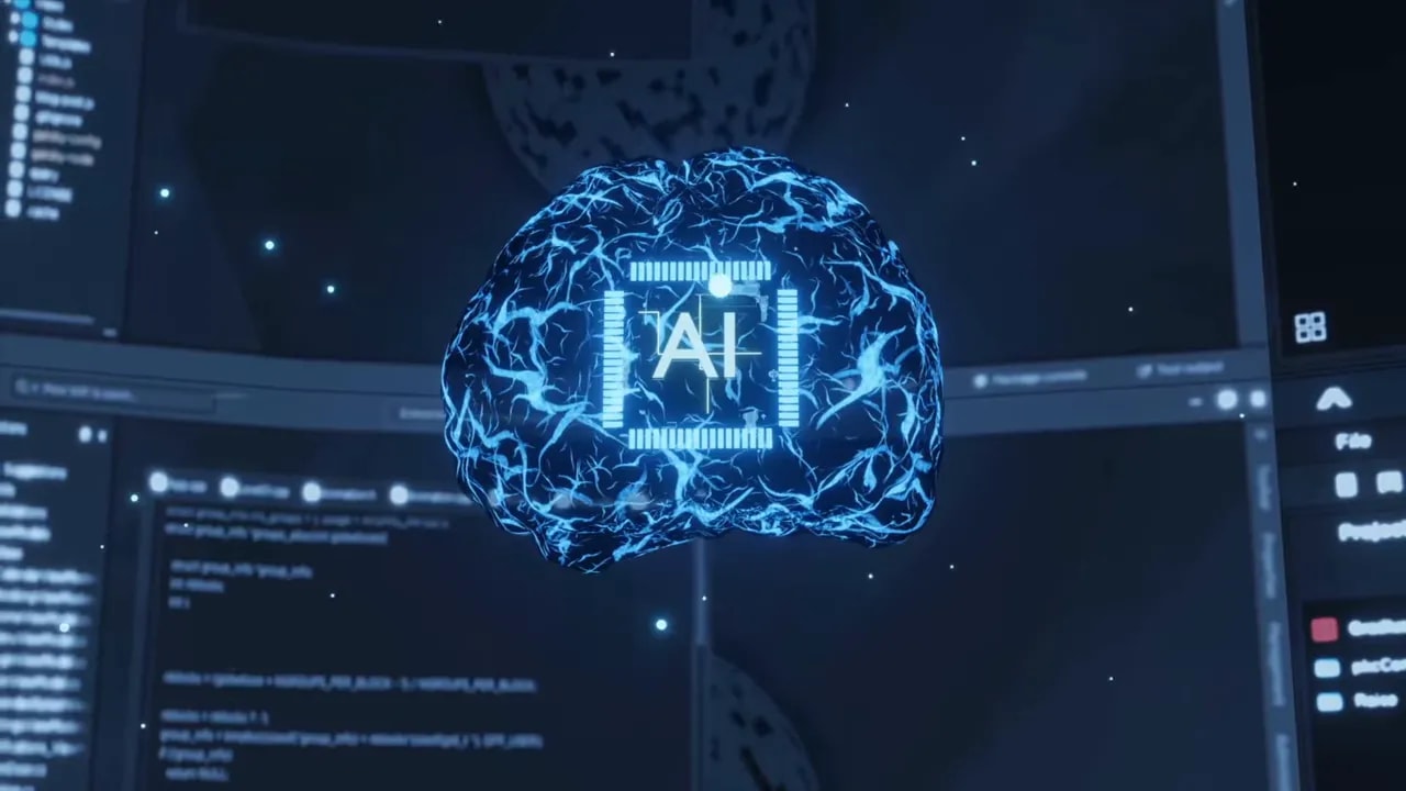 AI brain hologram over a monitor interface symbolizing large-scale AI extraction via distillation