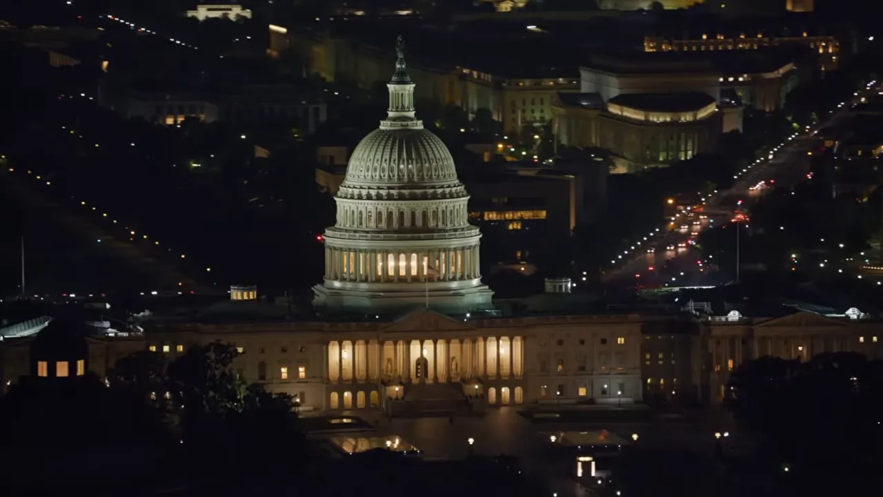 Nighttime view of the US Capitol building setting context for the MATCH Act semiconductor legislation