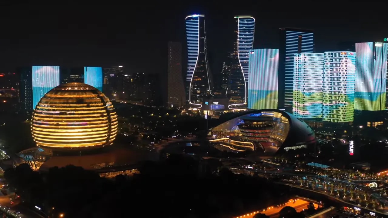 Clear nighttime Beijing skyline with illuminated landmark buildings and skyscrapers