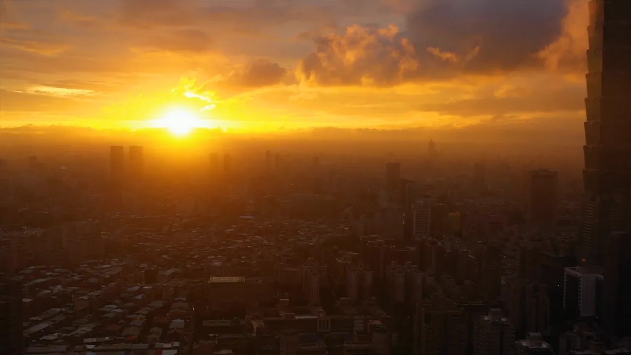 Hazy sunrise view over a modern Chinese city skyline