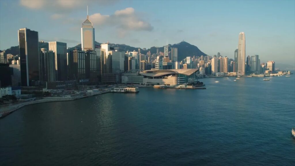 Hong Kong skyline and harbor waterway in daylight