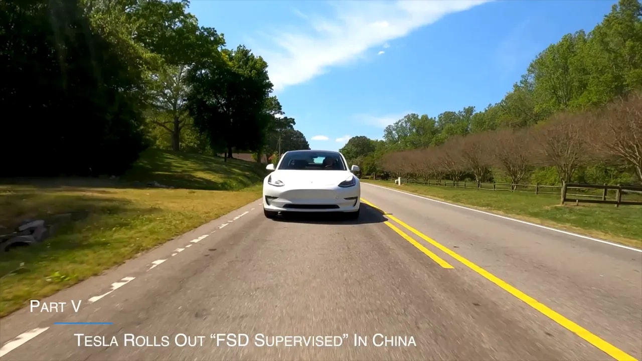 Tesla vehicle driving on a road with FSD Supervised rollout overlay