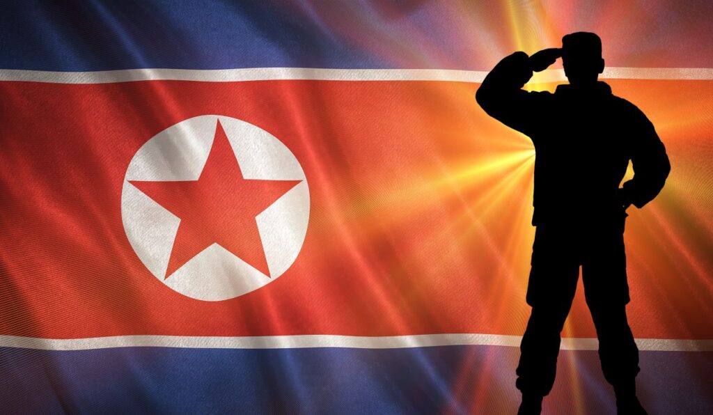 soldier silhouette saluting in front of flag north korea s