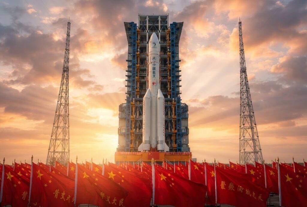 a majestic chinese long march rocket standing tall