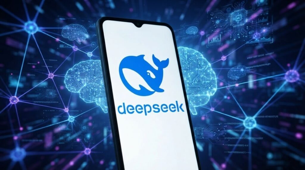 a modern smartphone displaying the deepseek logo