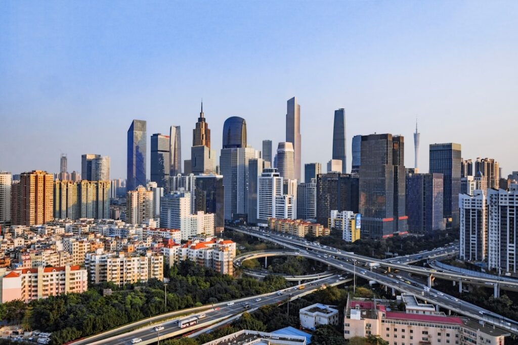 China property real estate downturn empty buildings city skyline