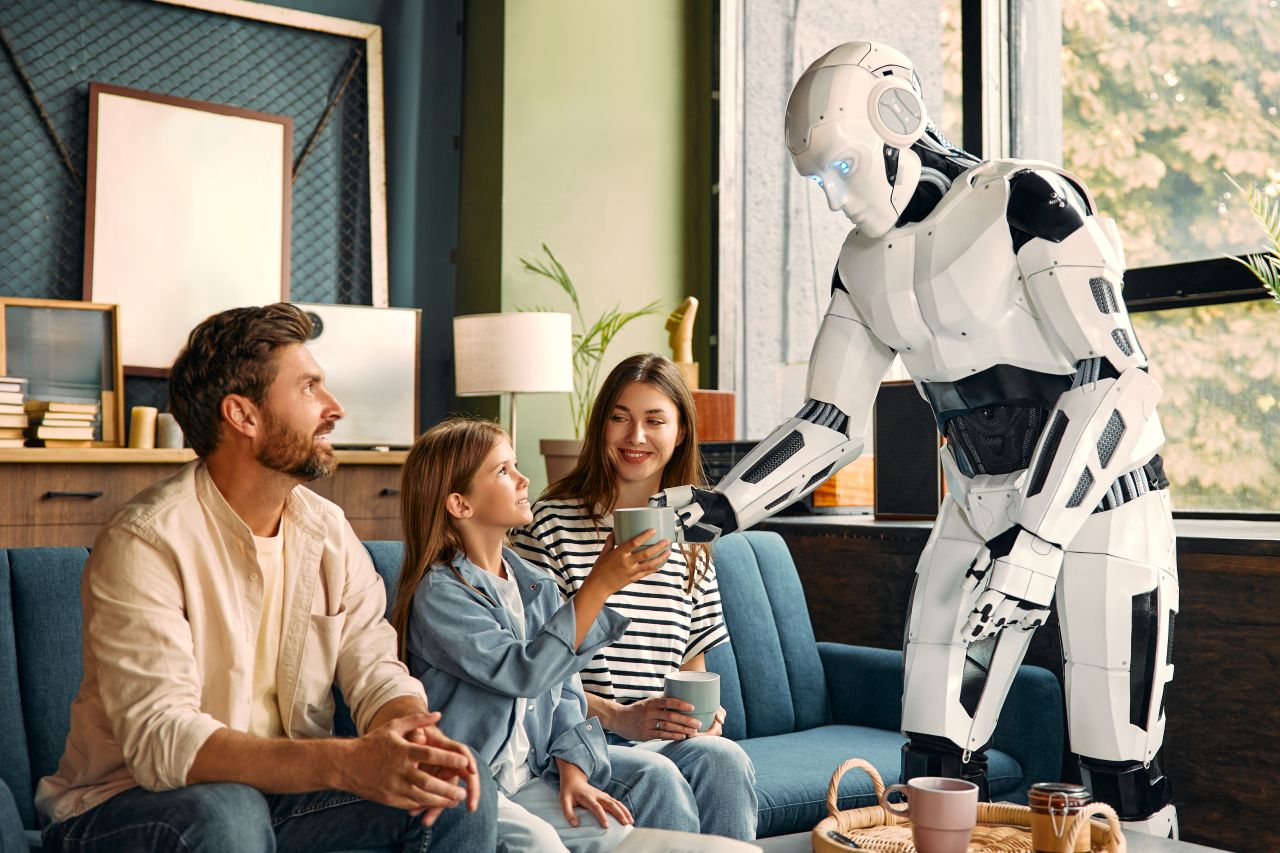 family receives tea from humanoid robot inside home s